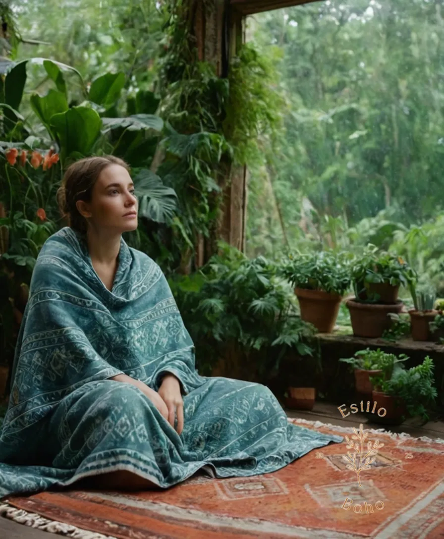 A person sitting outside, surrounded by lush greenery under an impermeable bohemian blanket.