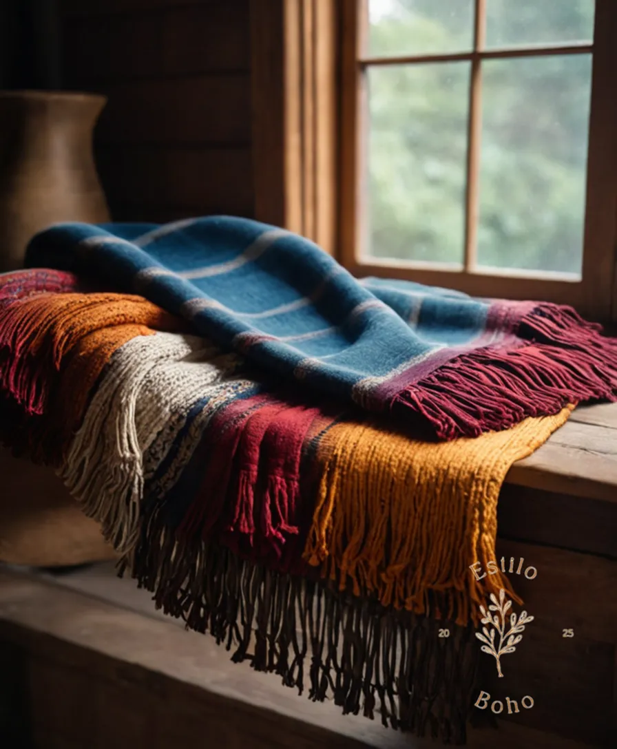 A close-up of a stylishly draped long-fringed manta blanket.