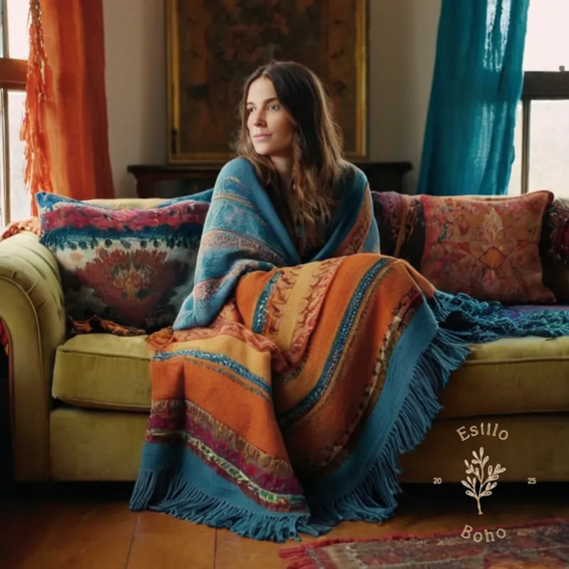 A woman sitting on a colorful couch with long fringed bohemian blankets.