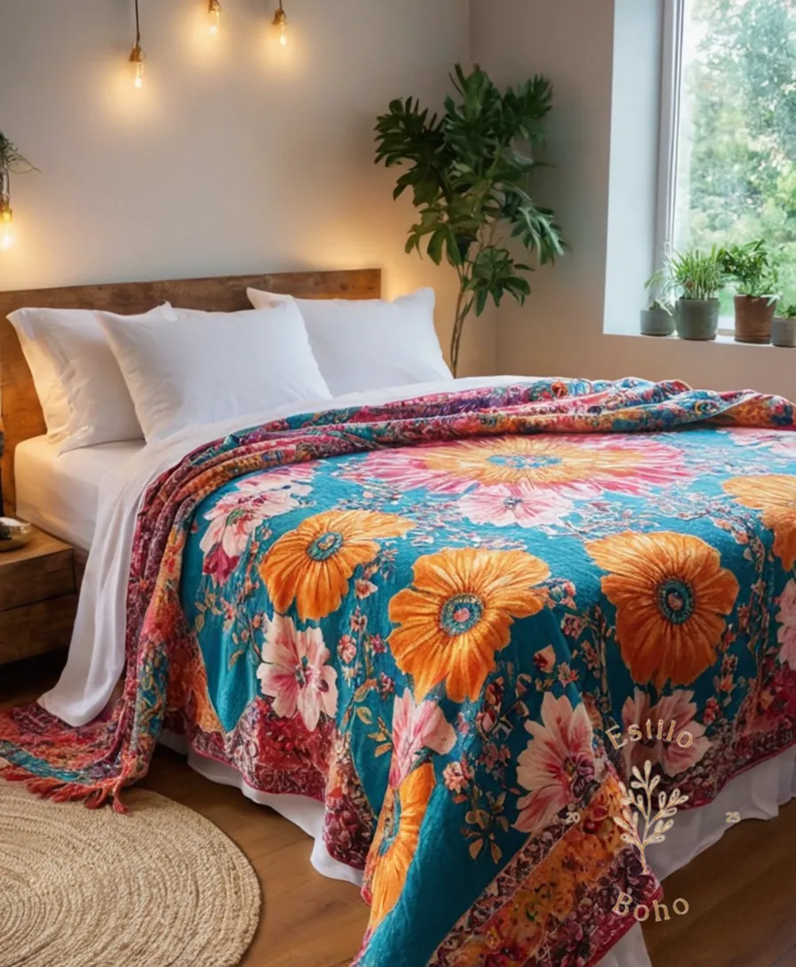 A colorful floral-print bohemian throw blanket on a single bed.