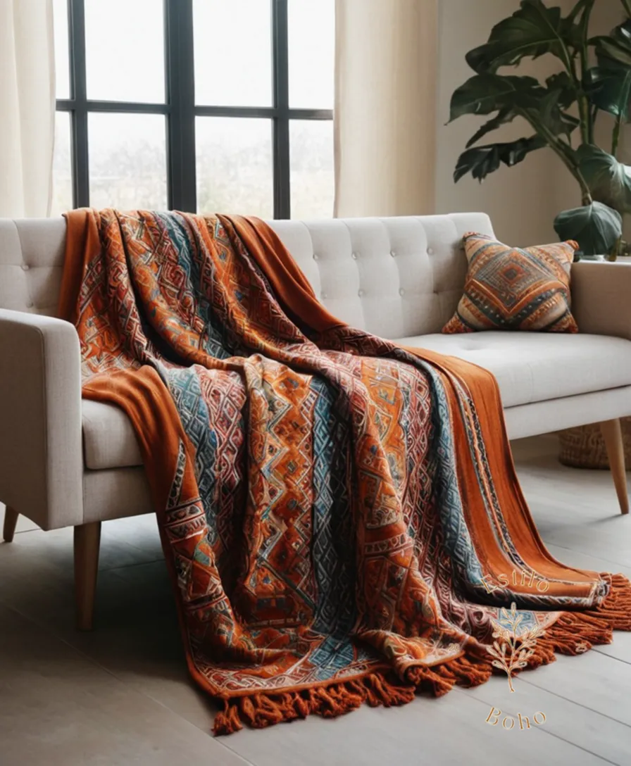 A bohemian geometric blanket draped stylishly in modern interior.