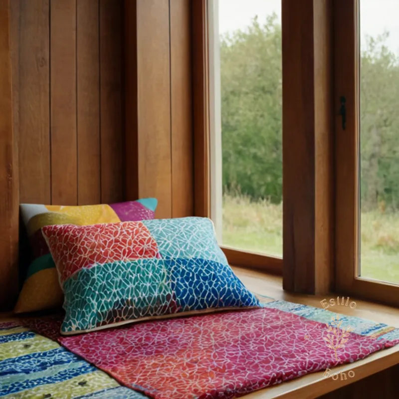 3-4 colorful, geometric-patterned textiles lying flat against wooden furniture or fabric background.