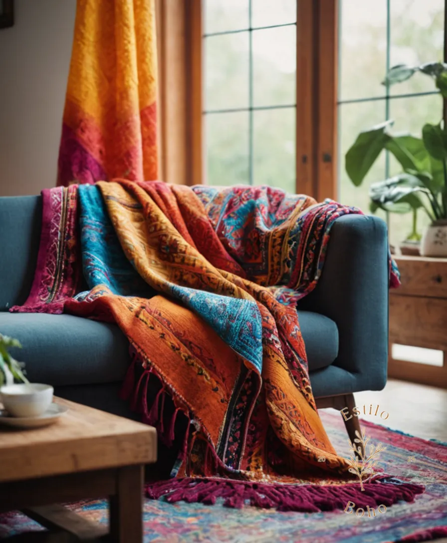 A vibrant, colorful bohemian blanket draped across a stylish furniture piece.