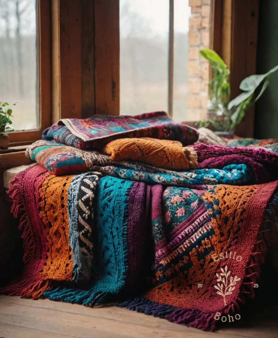 3-4 colorful bohemian blankets laid together.