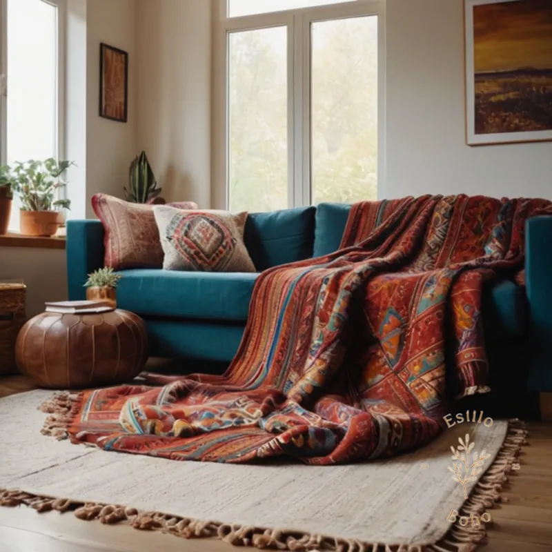 A cozy living room with oversized bohemian blankets on the floor.