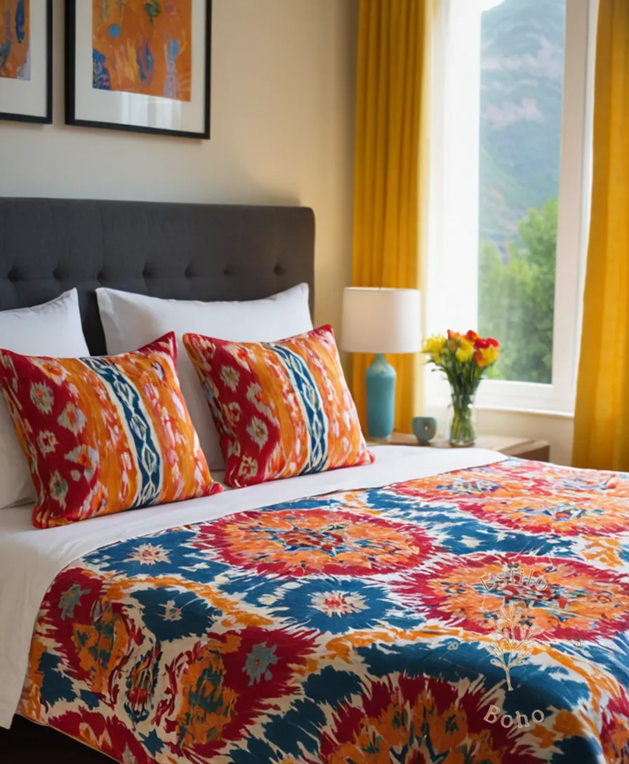 A colorful, intricately patterned Ikat bedspread on a single bed.