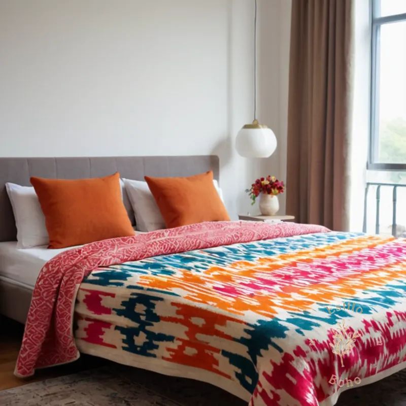 A colorful ikat blanket over a single bed, folded neatly.