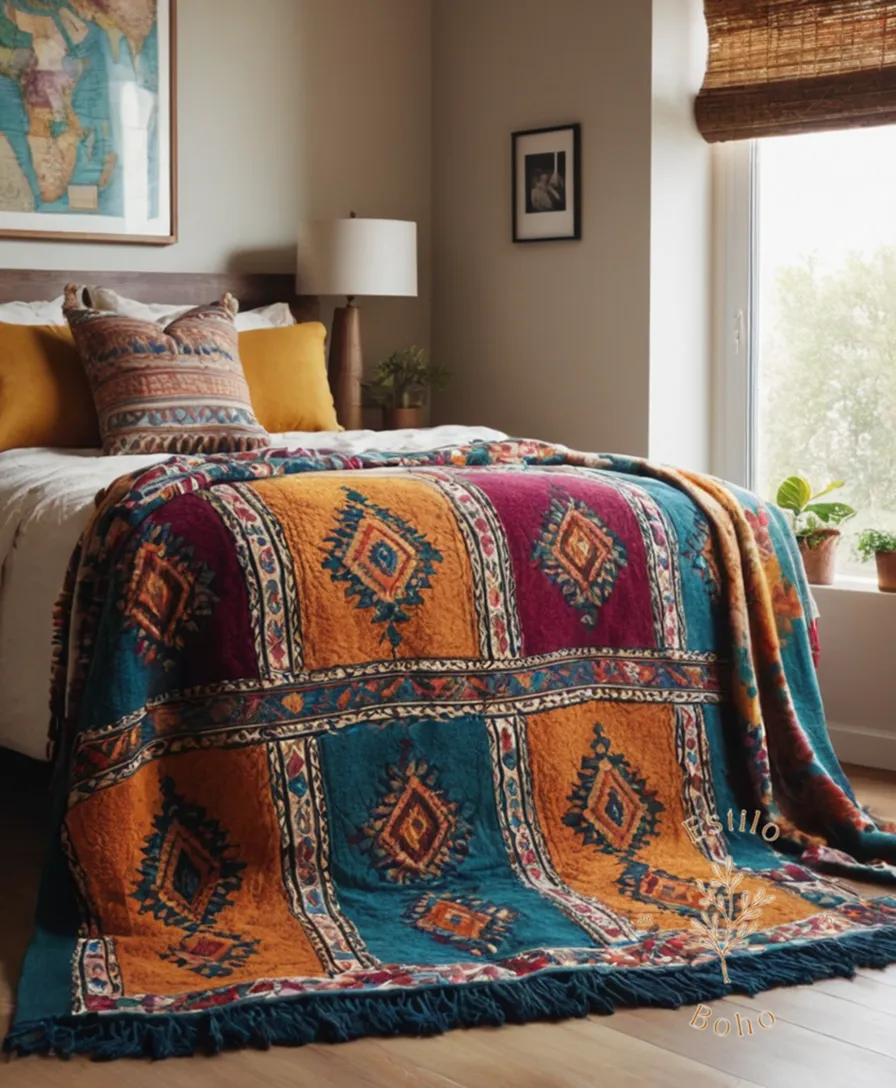 A colorful, cozy bedroom with an ethnic bohemian throw blanket.