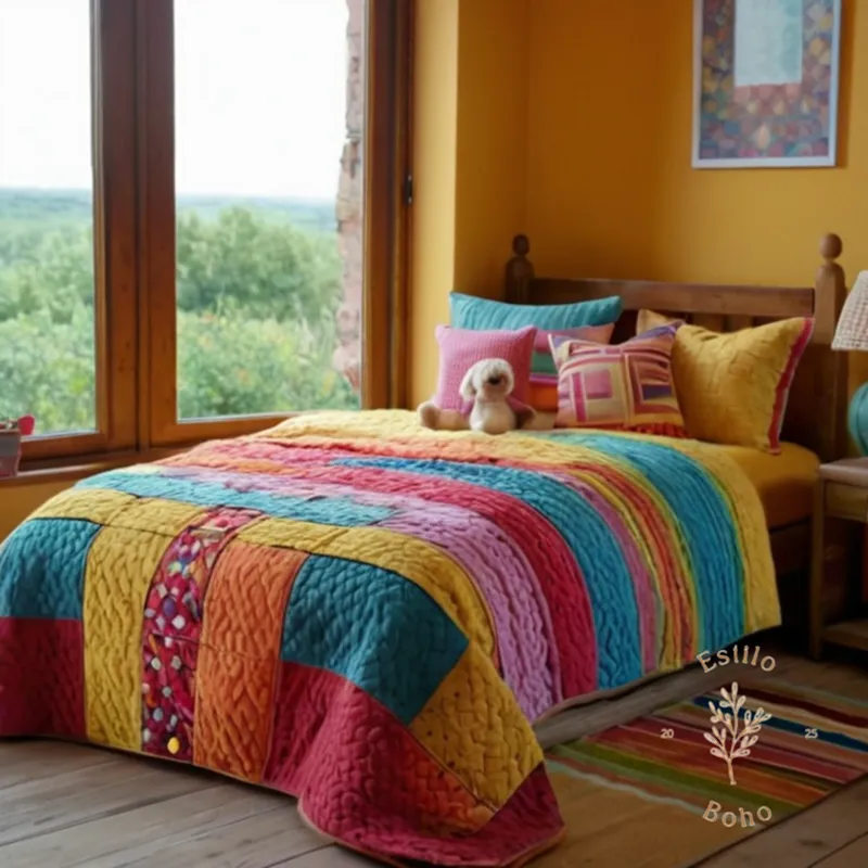 Colorful textiles and patterns on a child's cozy bed or blanket.