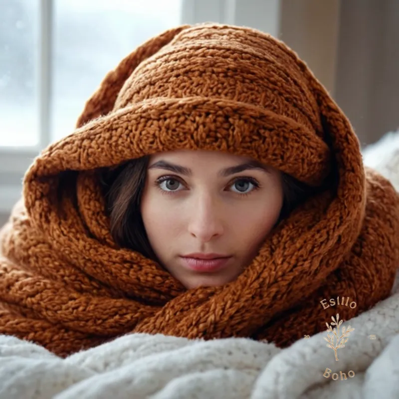 A person snuggled up under a cozy winter woolen blanket on a snowy background.