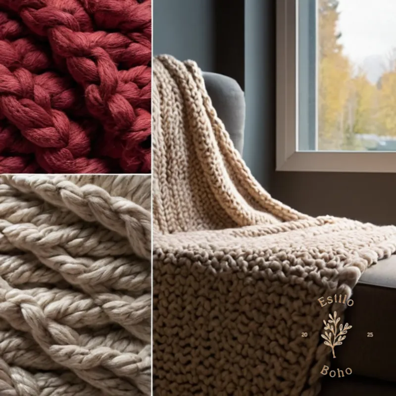 A before-and-after photo of a chunky knit blanket.