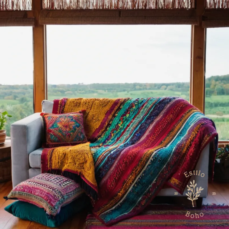 3-4 colorful, Bohemian-inspired blankets arranged haphazardly on a couch.