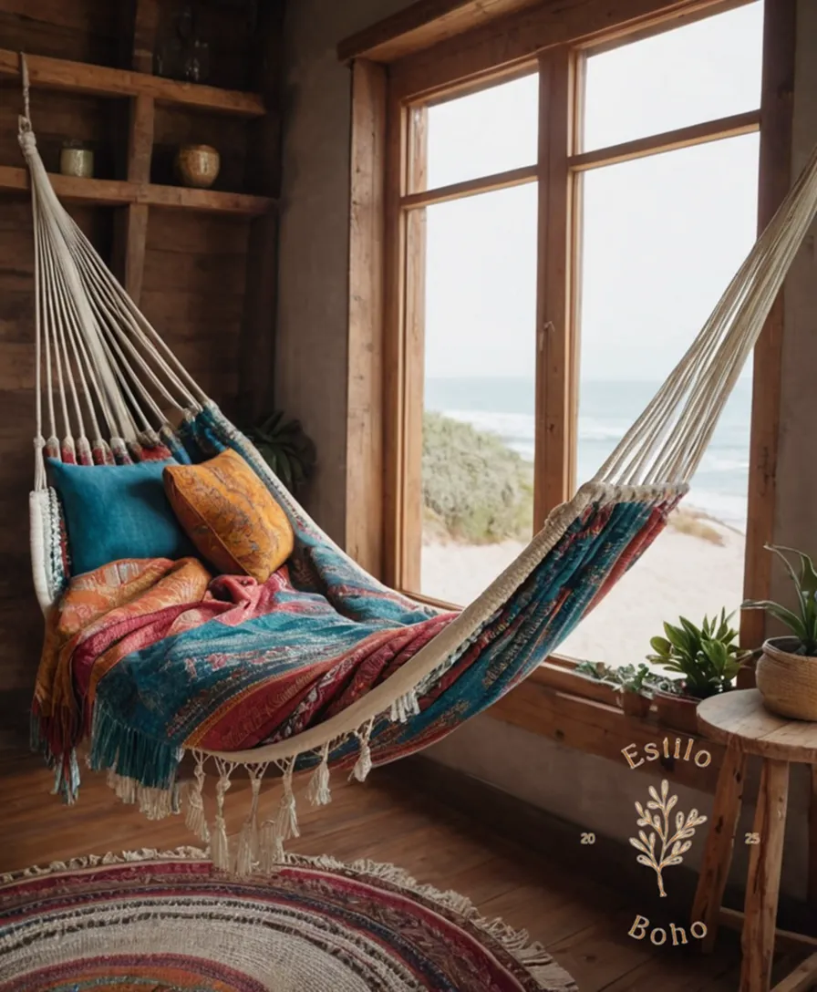 3 bohemian-inspired hammock throw blankets draped over wooden chairs.