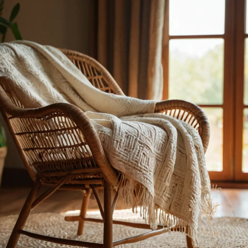 A delicate vintage-inspired blanket draped over a rattan chair.