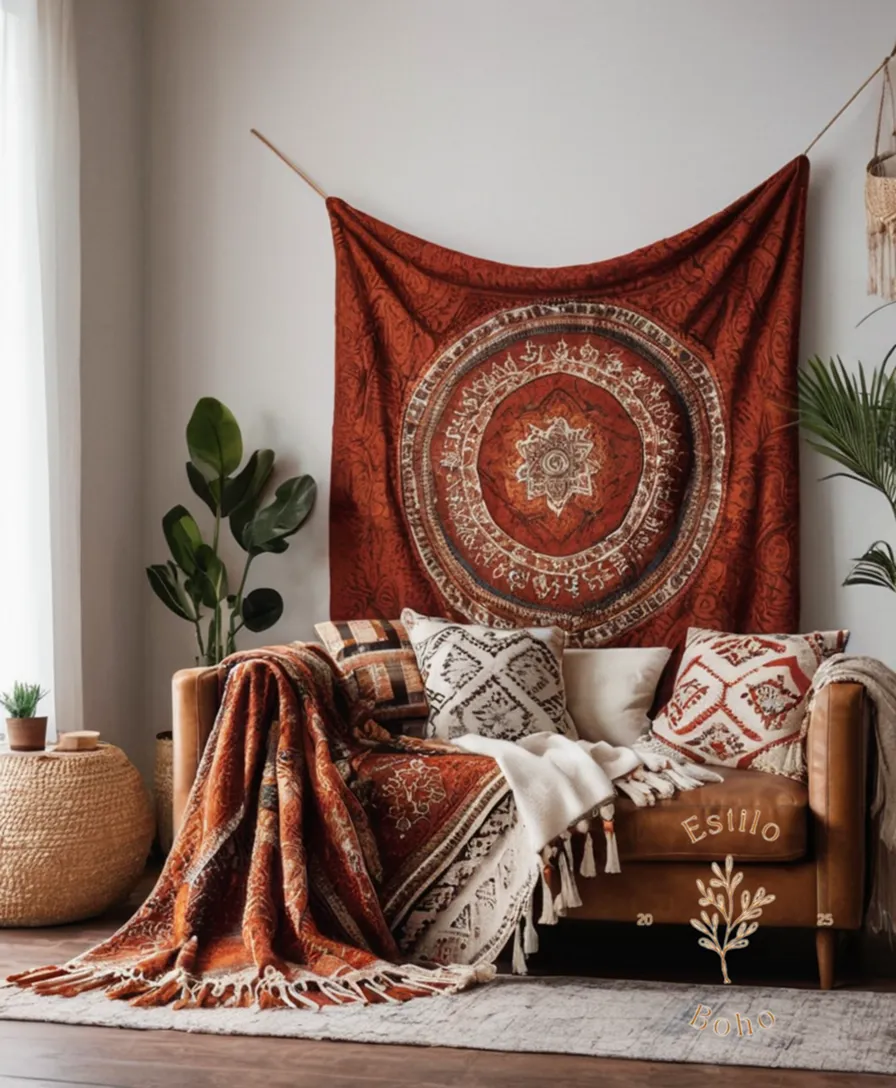 A stylishly decorated living room with bohemian throw blankets and a sofa.