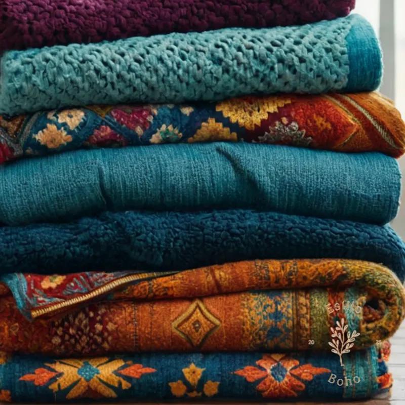 6-8 colorful bohemian throw blankets in different washing stages.