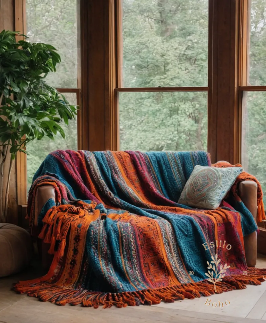 A big, colorful bohemian throw blanket on a sofa bed.