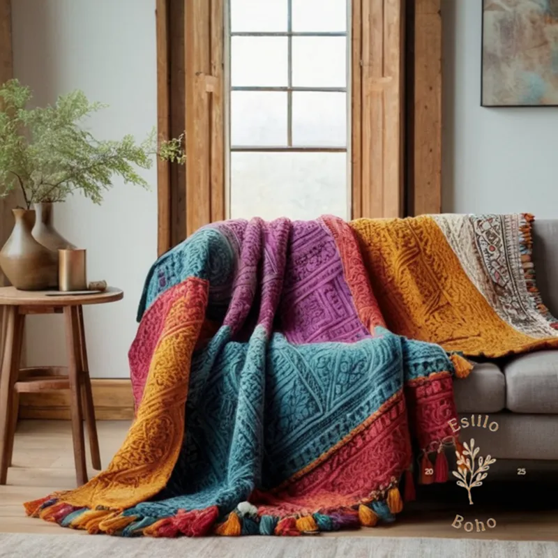 A large, colorful bohemian throw blanket on a big sofa bed.