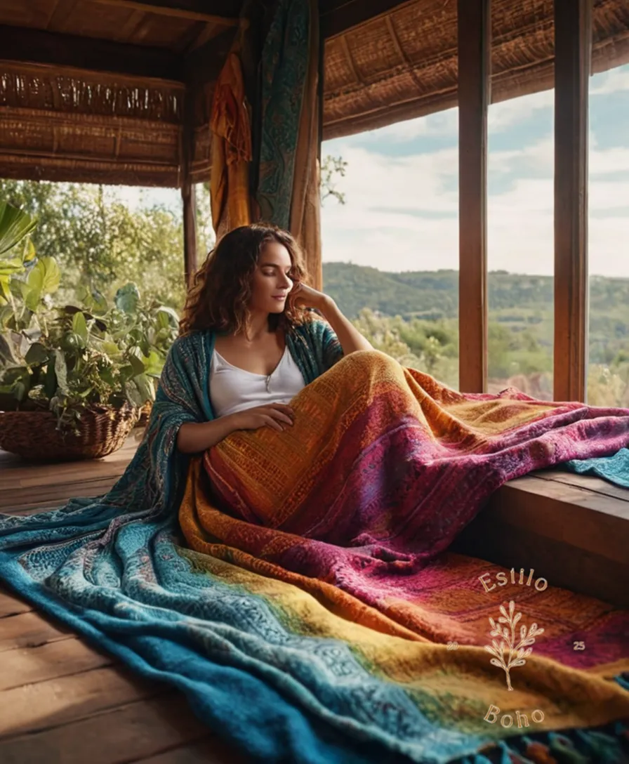 A colorful, bohemian-style person lounging under a viscose throw blanket outside.