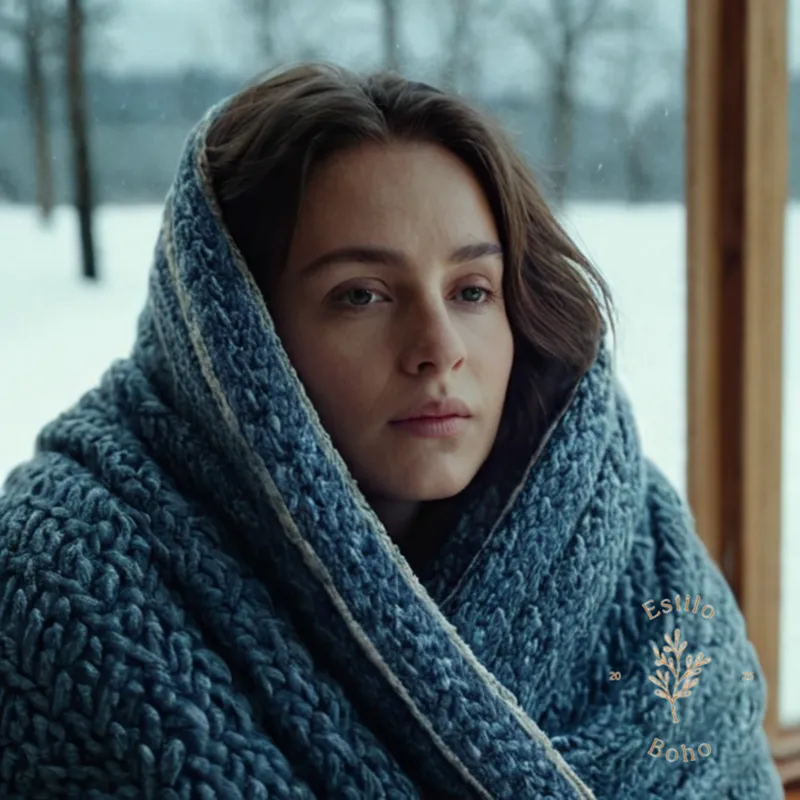 A person wearing a viscous blanket outdoors on a cold winter day.