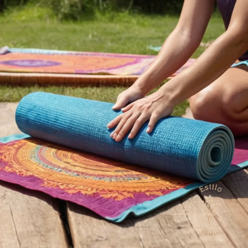 A person washing a colorful Bohemian yoga mat outdoors naturally.