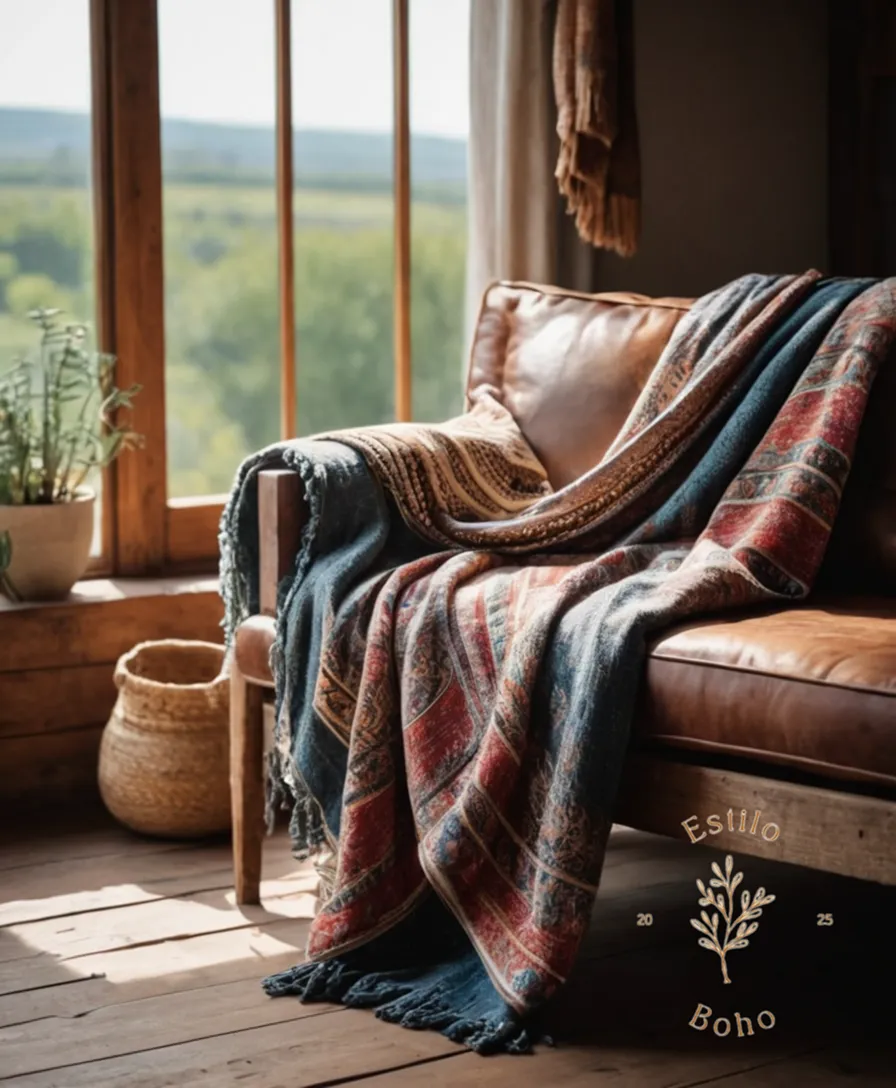 A bohemian throw blanket draped on a rustic wood couch.