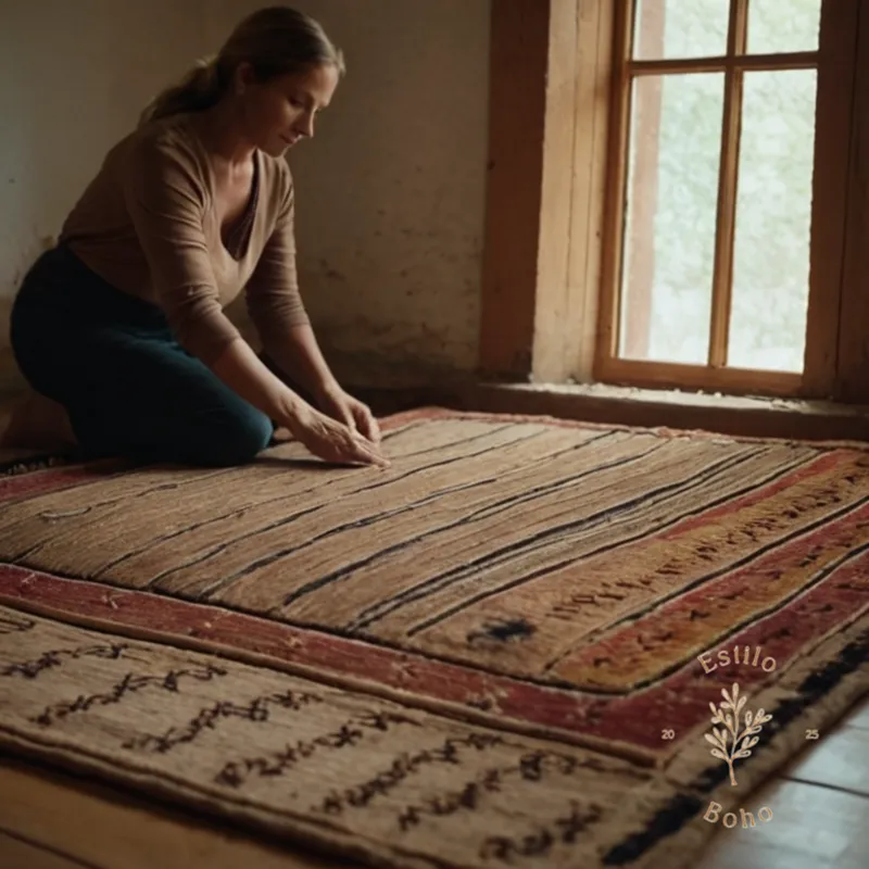 A person gently beating a handmade yute rug.