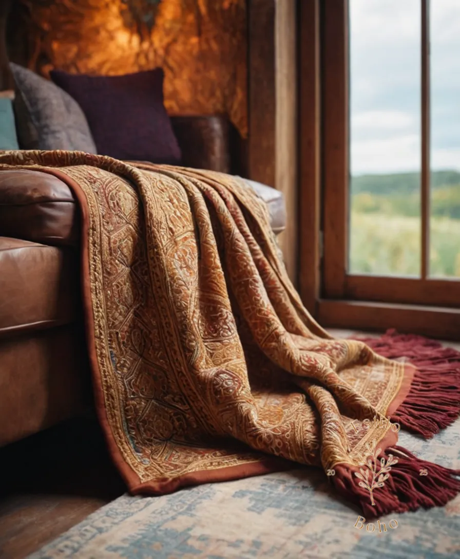 A luxurious organic blanket on a bohemian-inspired background.