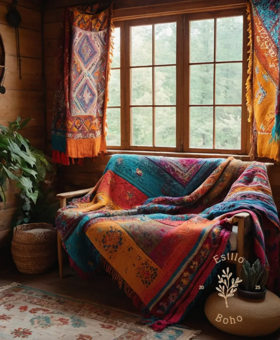 A colorful bohemian blanket setup in a cozy natural setting.