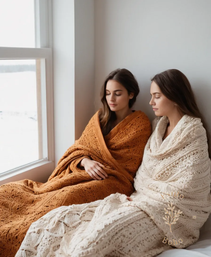 4 women snuggled up under organic cotton boho blankets.