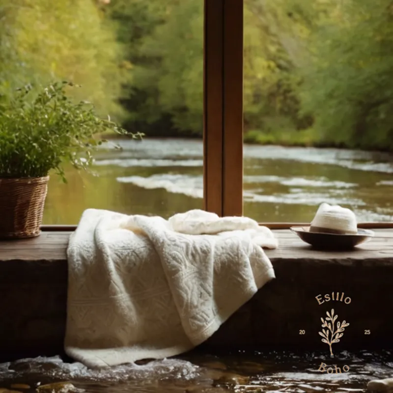 A soft, fluffy organic cotton blanket being washed in a gentle stream.