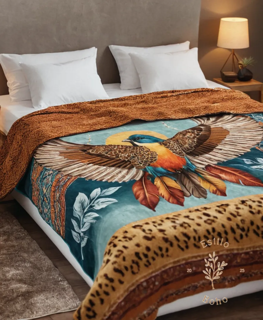 2-3 bohemian-inspired blankets with animal and bird print combinations.