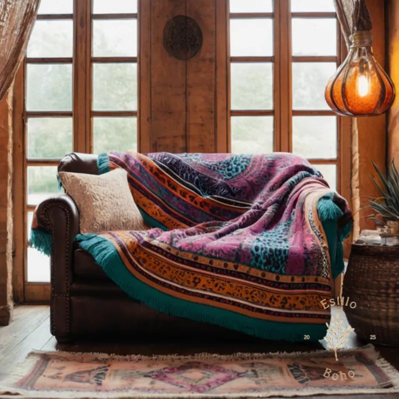 A colorful bohemian throw blanket with an animal print.