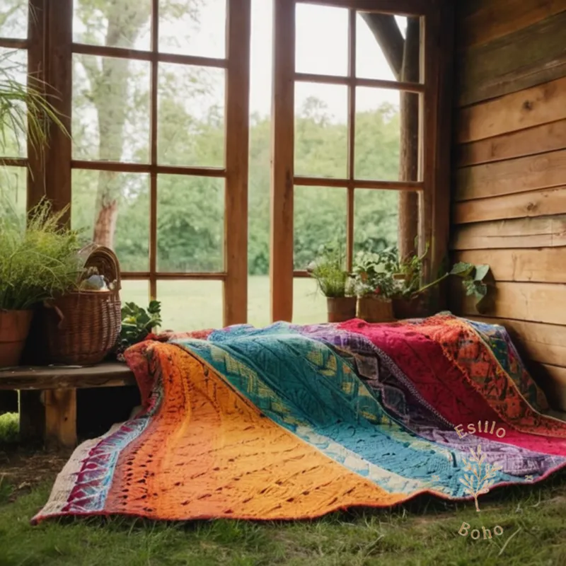 A colorful, handmade bohemian-style blanket in an alfresco setting.