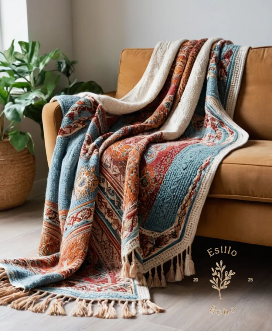 5 boho-inspired throw blankets on a trendy living room couch.