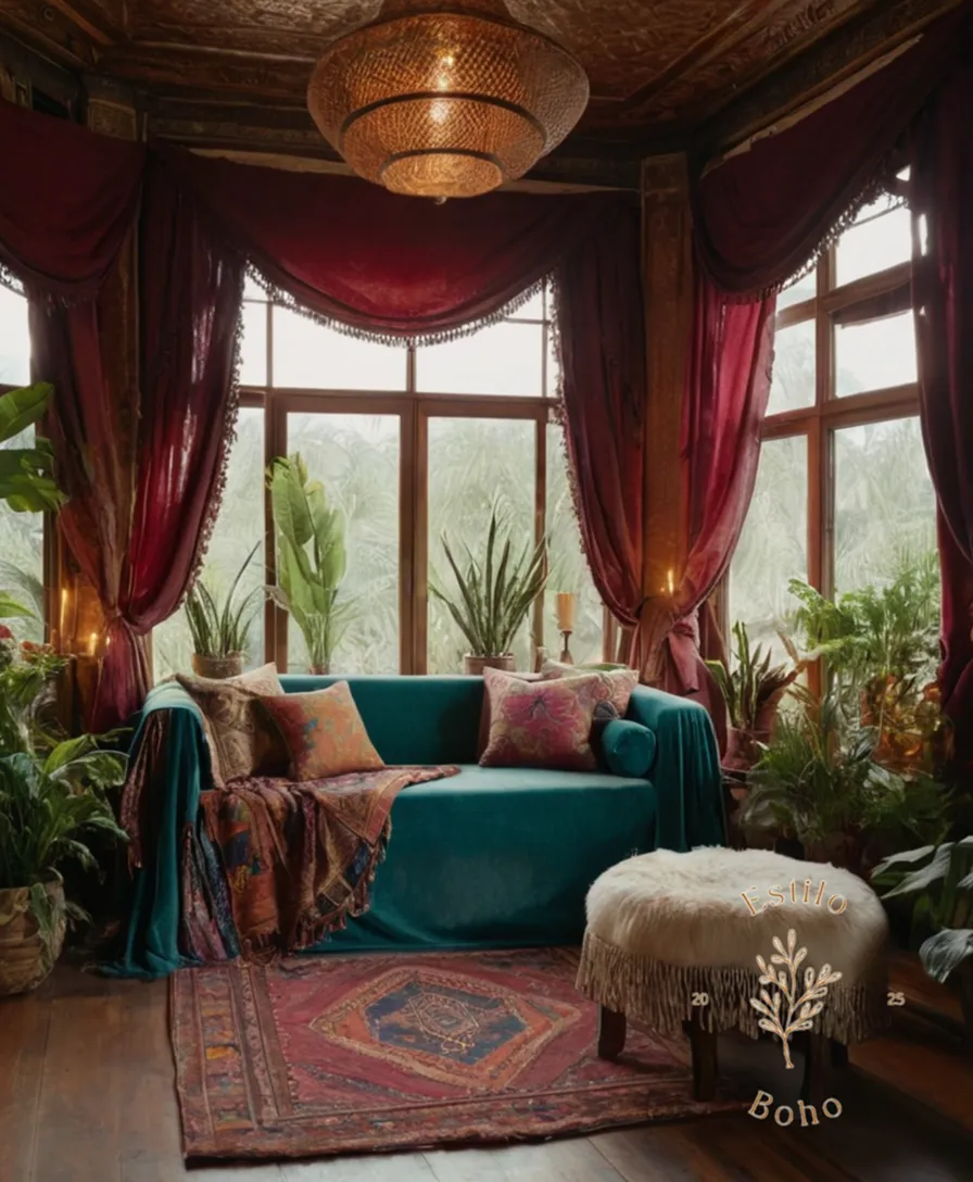 4-5 lush textiles draped over a bohemian-style salon furniture.