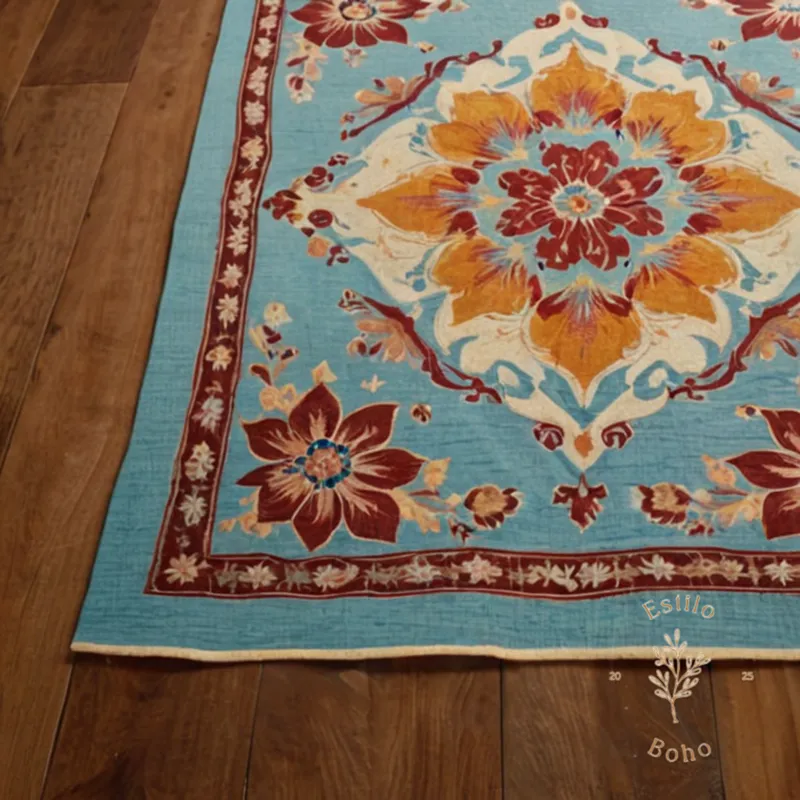 A delicate, flower-patterned manta laid out on a wooden surface.