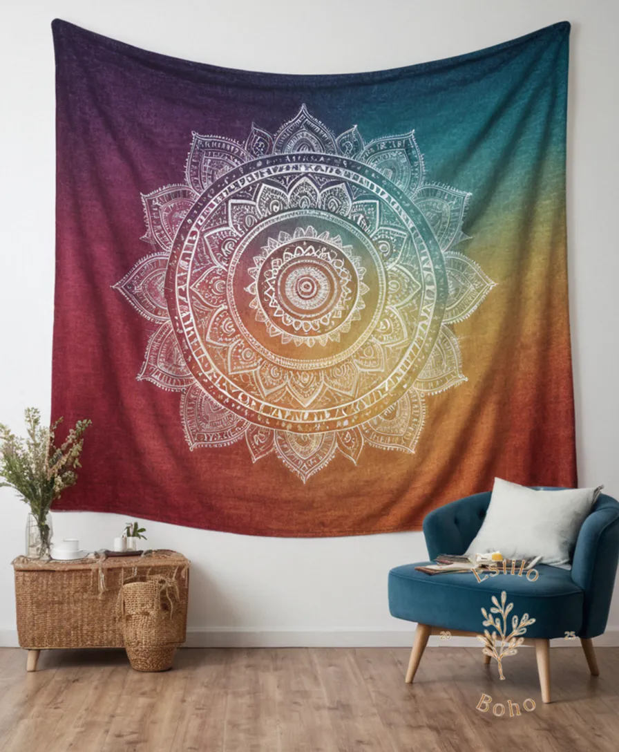 A trendy bohemian throw blanket with gradient color effect.