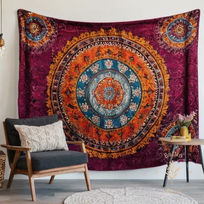 A bohemian, distressed throw blanket with colorful patterns.