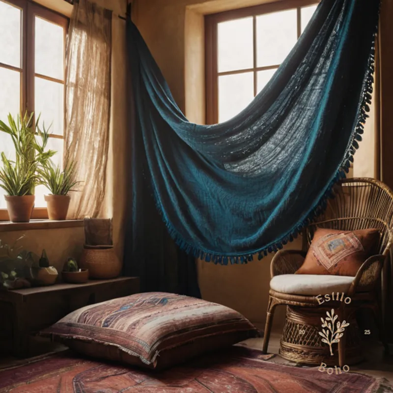 A manta boho decoratively draped over an interior space.