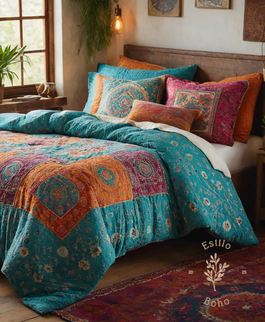 A colorful, laid-back bohemian-inspired bedding setup.