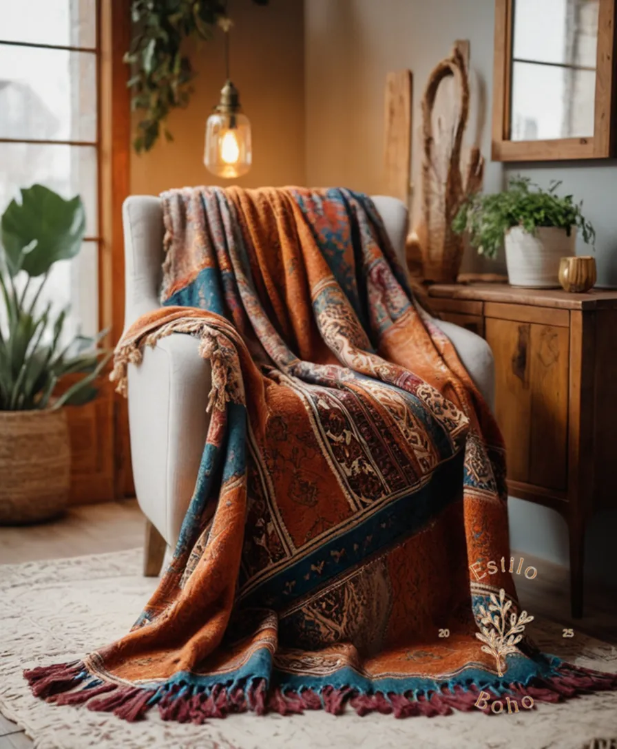A bohemian throw blanket draped over a cozy home decor setting.