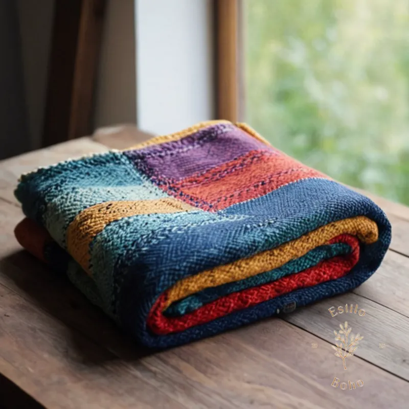 A colorful, folded boho cotton throw blanket on a wooden surface.