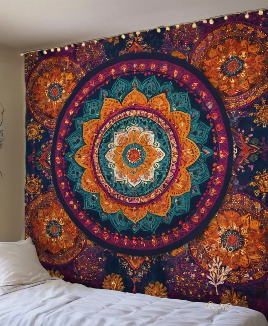 Vibrant colors and patterns of bohemian-inspired mandala blankets.