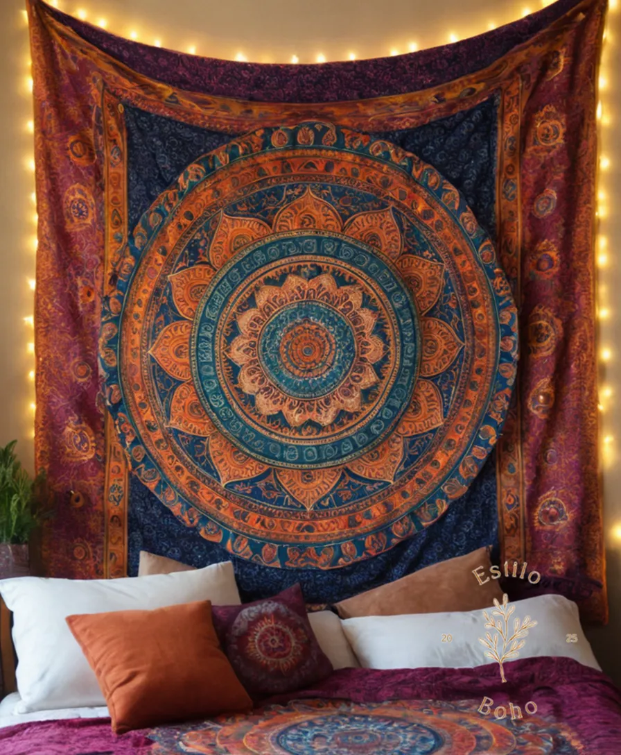 A colorful, bohemian-inspired tapestry or blanket with mandala patterns.