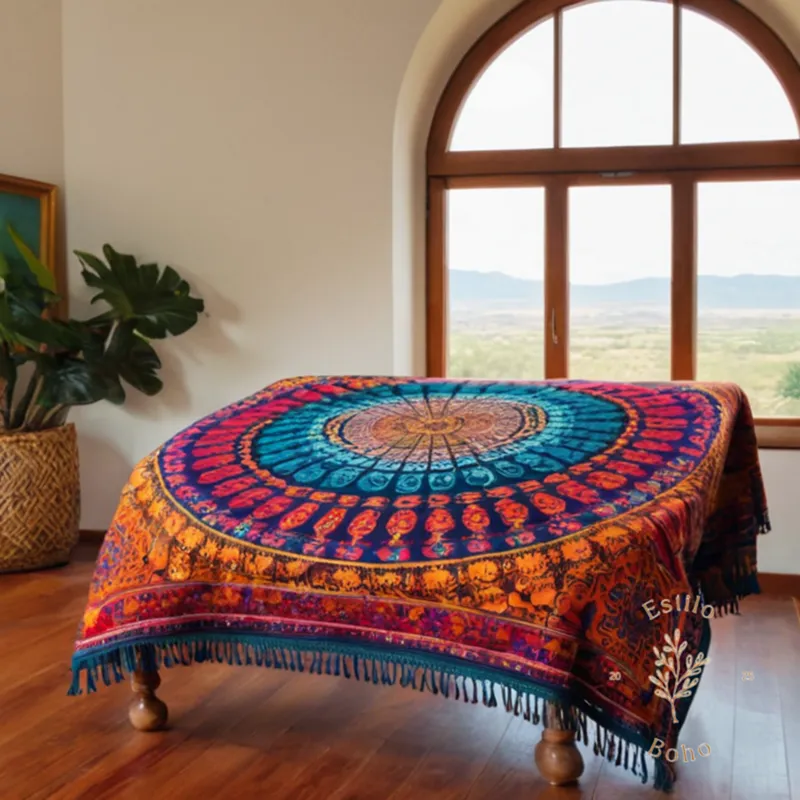 A vibrant, colorful mandala blanket being gently washed or hung to dry.