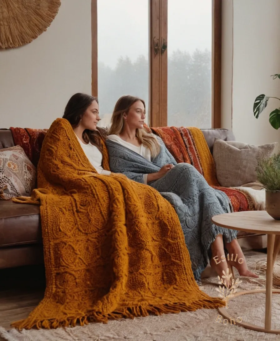 2 people snuggled under bohemian XXL throw blankets on a cozy sofa.