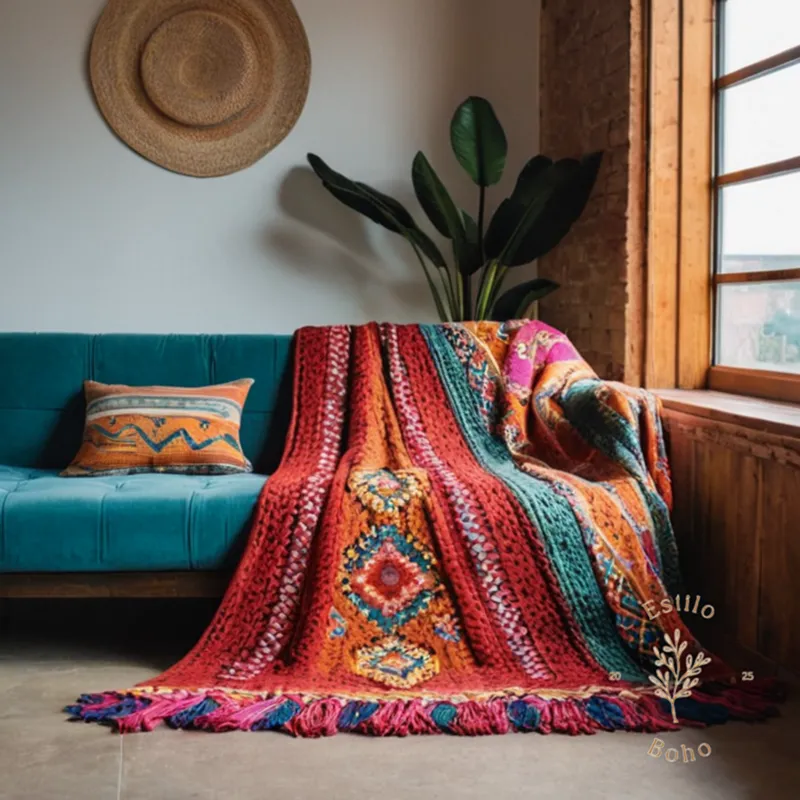 2-3 large, colorful boho-style throw blankets on a floor.