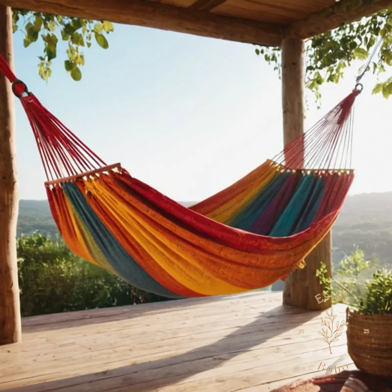 4-6 colorful boho hammocks in natural settings or outdoor festivals.