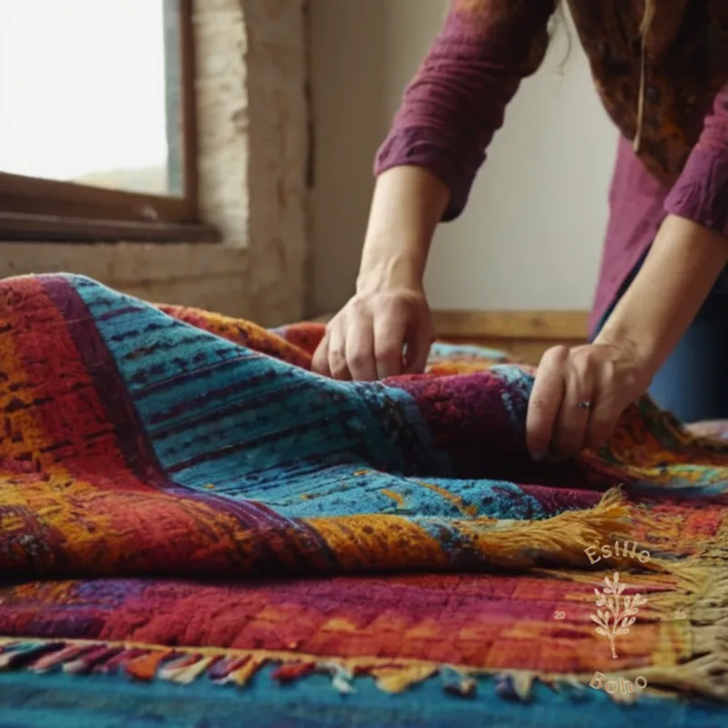 A person struggling to remove a stain from a colorful bohemian blanket.
